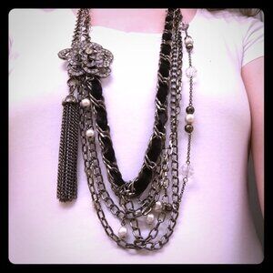 The Limited Express Rose Rhinestone Multi Chain Statement Necklace Y2K